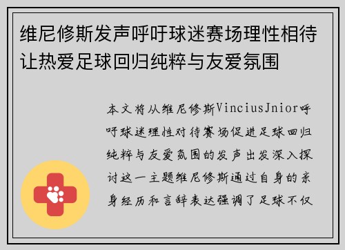 维尼修斯发声呼吁球迷赛场理性相待让热爱足球回归纯粹与友爱氛围 维尼修斯发声呼吁球迷赛场理性相待让热爱足球回归纯粹与友爱氛围